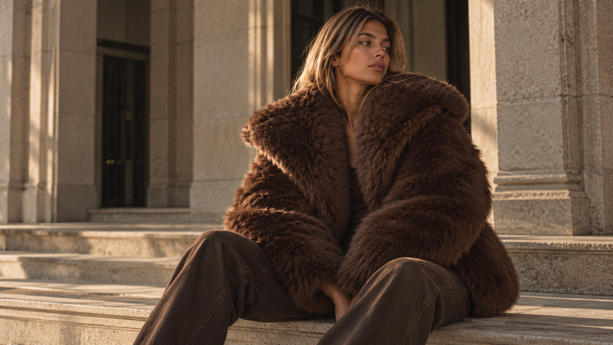 Big Deal Fur Coat in Chocolate, seated on stone steps