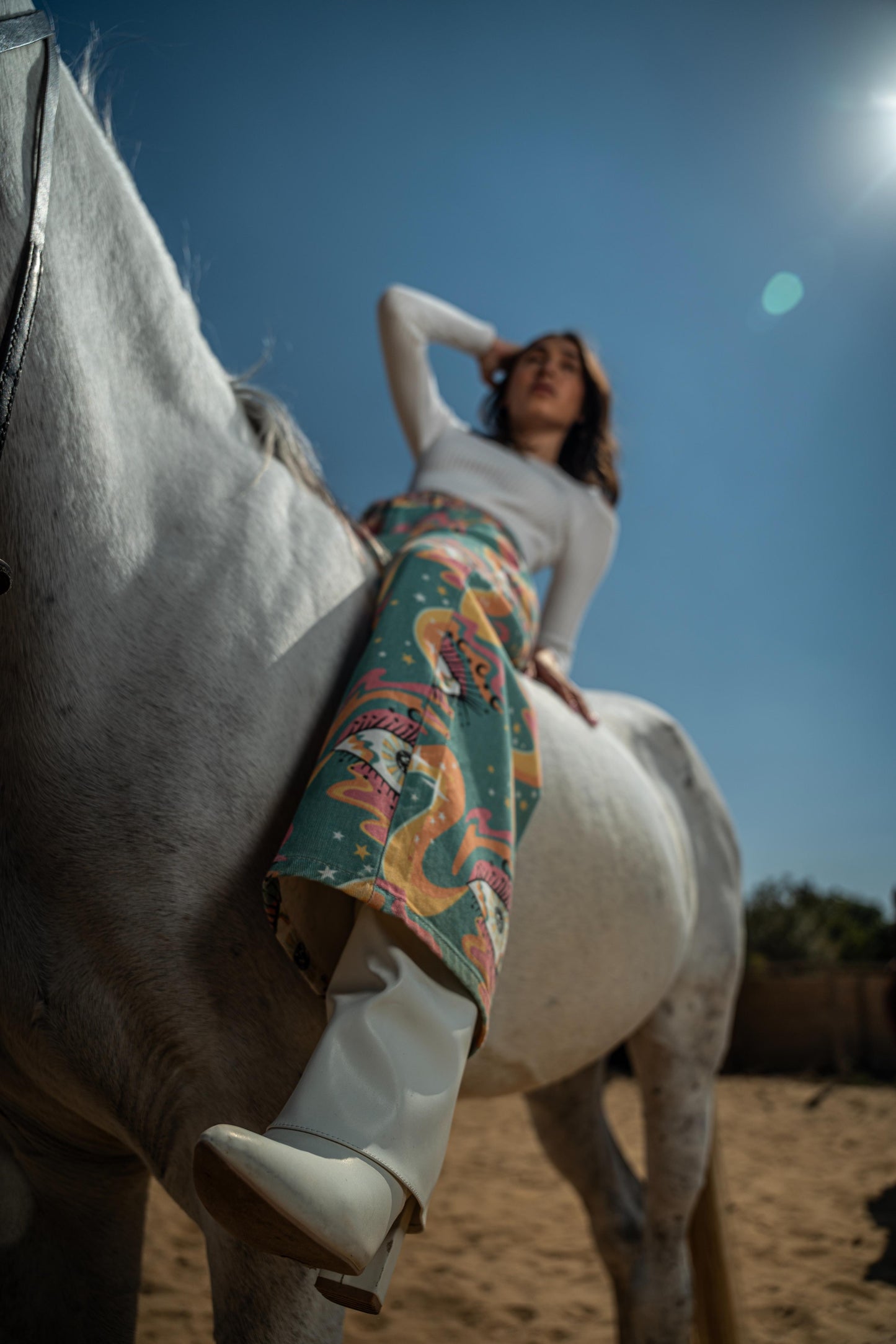 Mirage Eye luxury wide-leg trousers full body view