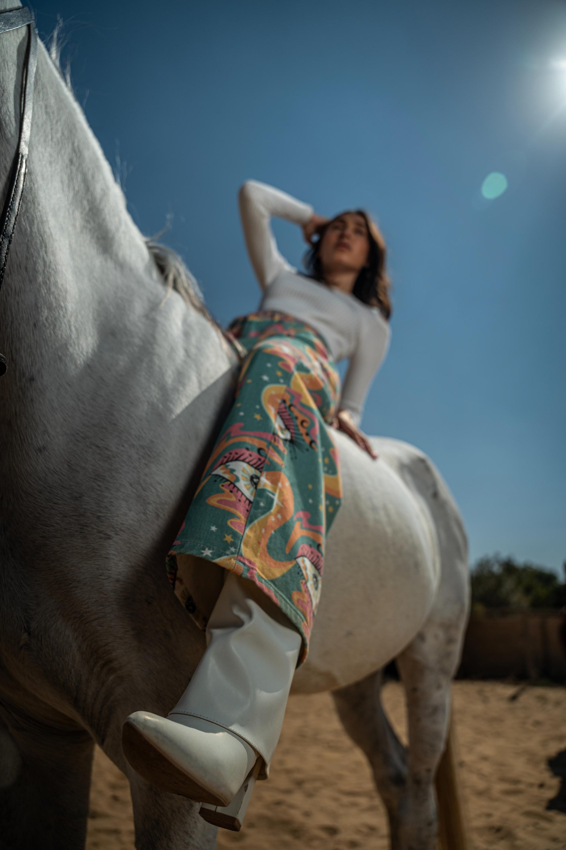 Mirage Eye luxury wide-leg trousers full body view