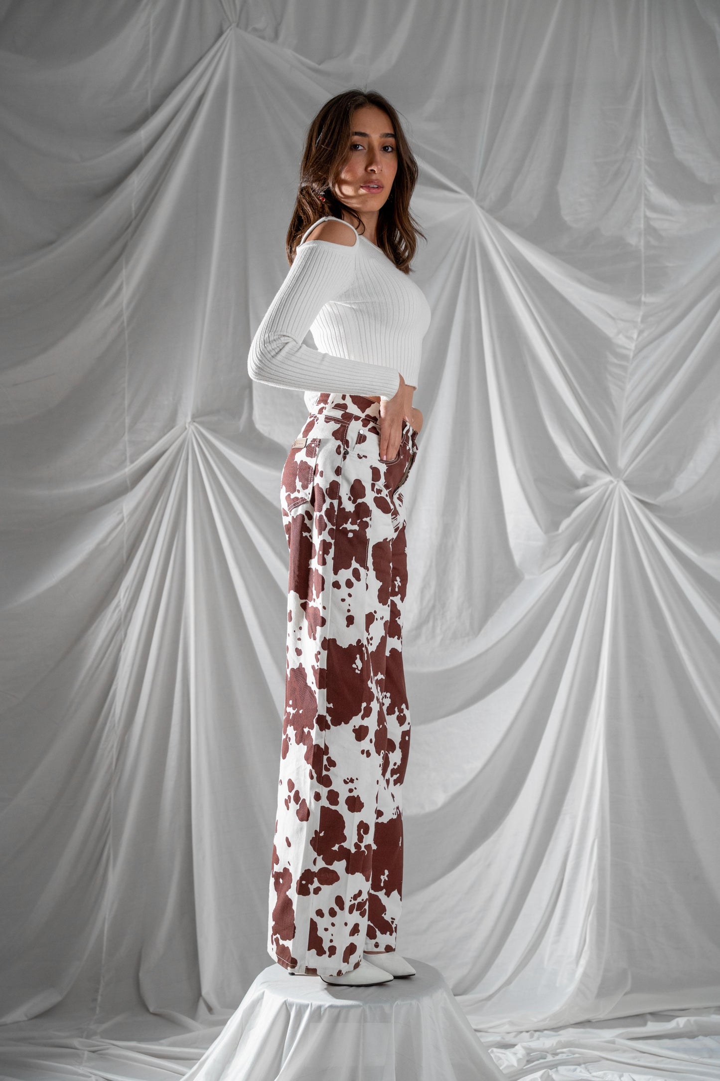 Model wearing Dusty Trail handcrafted western pants front detail