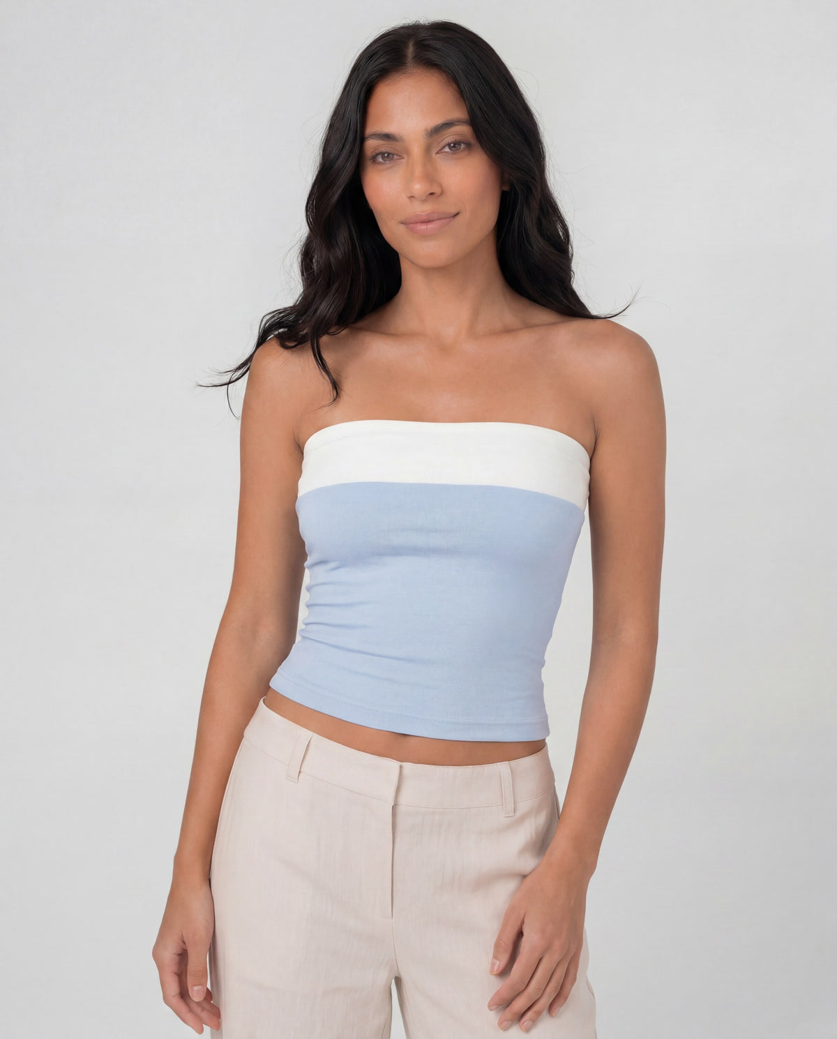 Bombshell Tube Top in baby blue, front