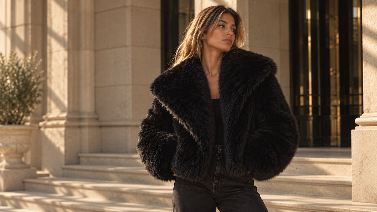 Big Deal Fur Coat in Black, standing at a stone entrance