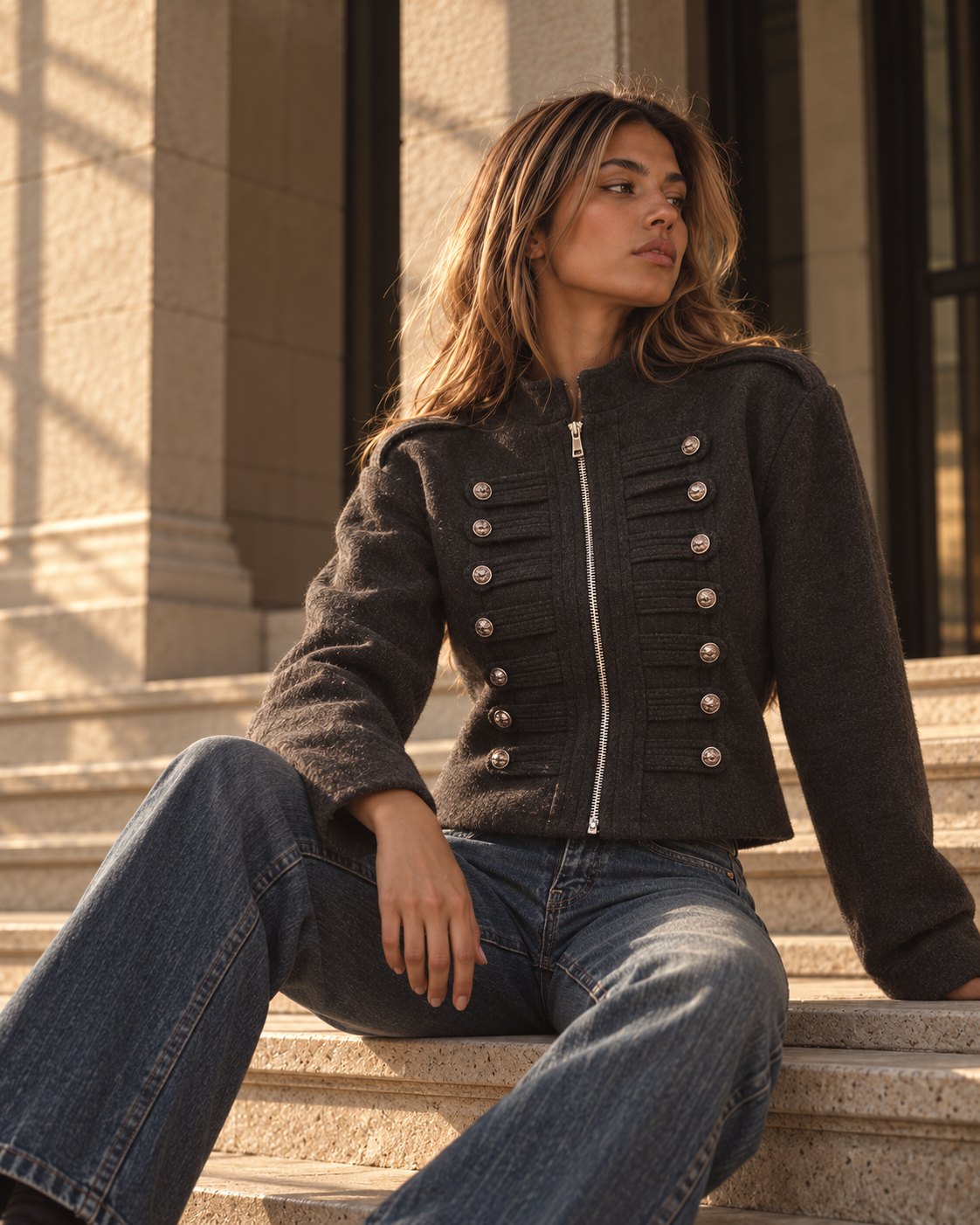 Front Row Jacket in Charcoal, seated on stone steps