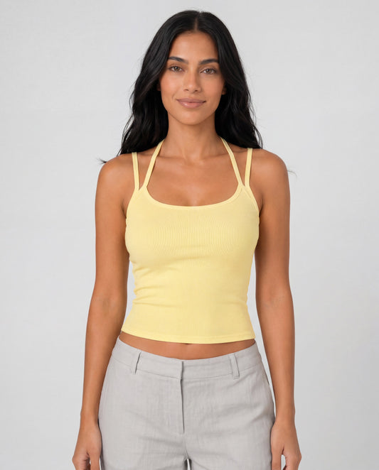 Double Trouble Top in butter yellow, front